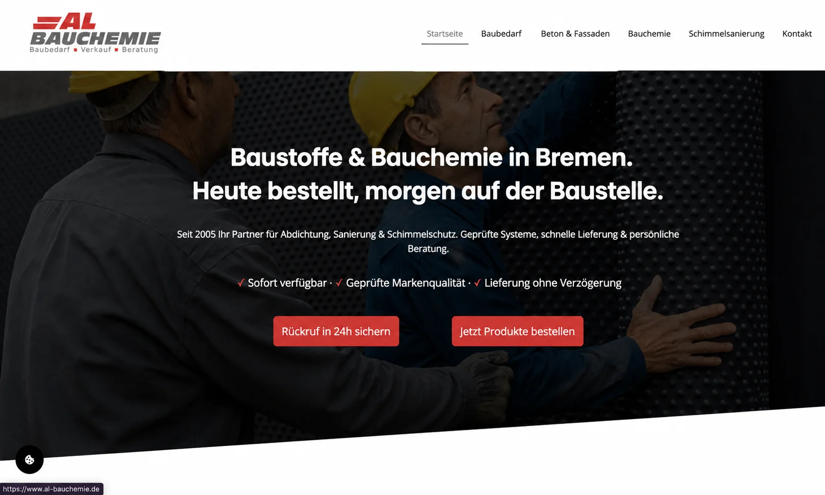 AL Bauchemie Website nach byjemayn Studio, moderner Profi-Auftritt, Baustellenfotografie, klare CTAs, PageSpeed 94