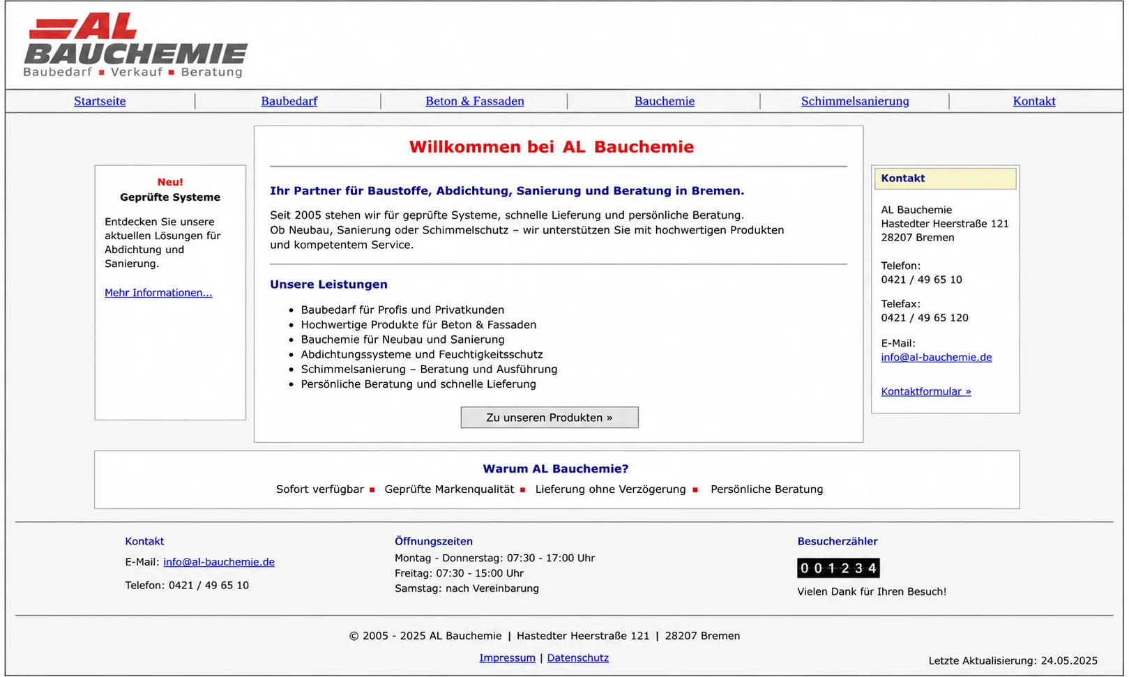 AL Bauchemie Website aus den 2000ern, veraltetes Design, kein moderner Auftritt, PageSpeed 45