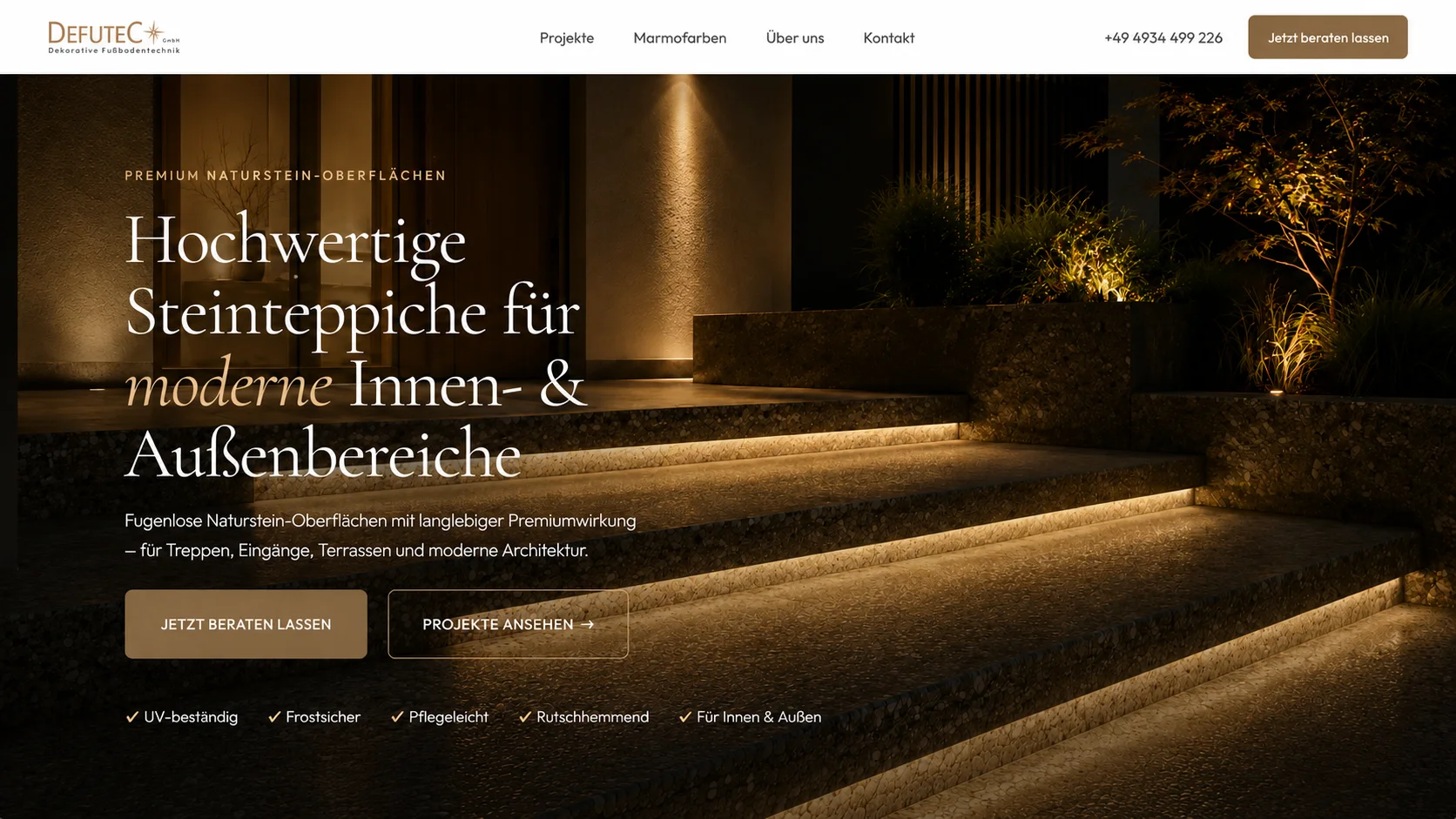 DefuteC GmbH Website nach byjemayn Studio, dunkles Luxus-Design, Projektfotografie, Conversion-Struktur, PageSpeed 96