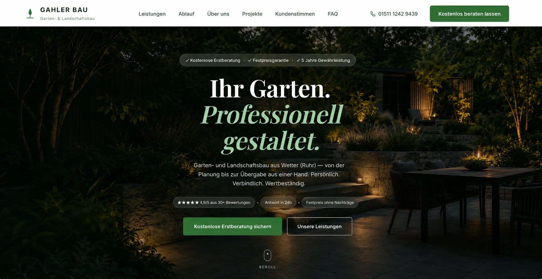 Gahler Bau Website nach byjemayn Studio, Premium-Design, Fullscreen-Hero, emotionale Bildwelt, PageSpeed 97