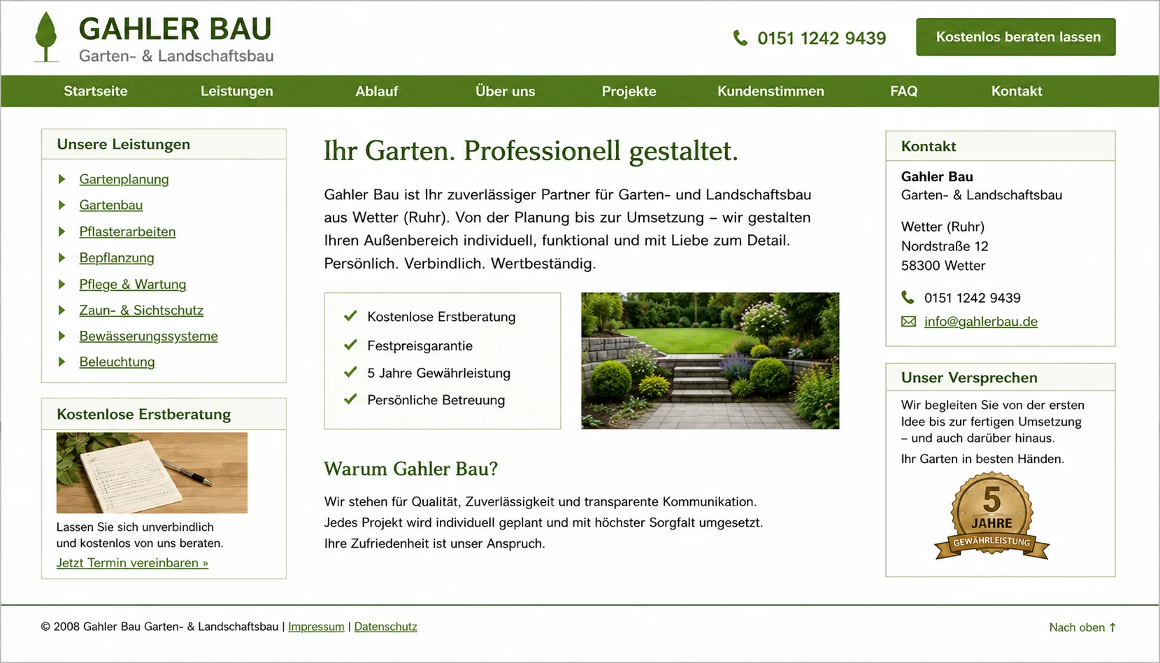 Gahler Bau mit veraltetem Sidebar-Layout, schwache Bildwelt, PageSpeed 42