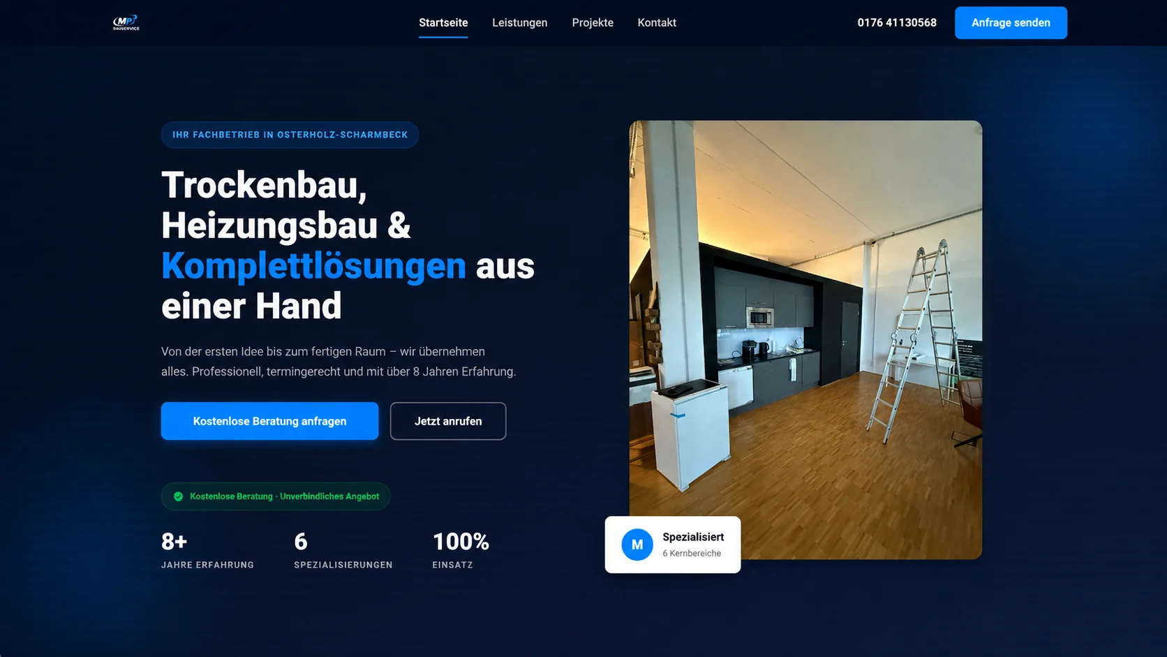 Trockenbau Maschmeier Website nach byjemayn Studio, professioneller Webauftritt, mobil optimiert, Google-ready, PageSpeed 96