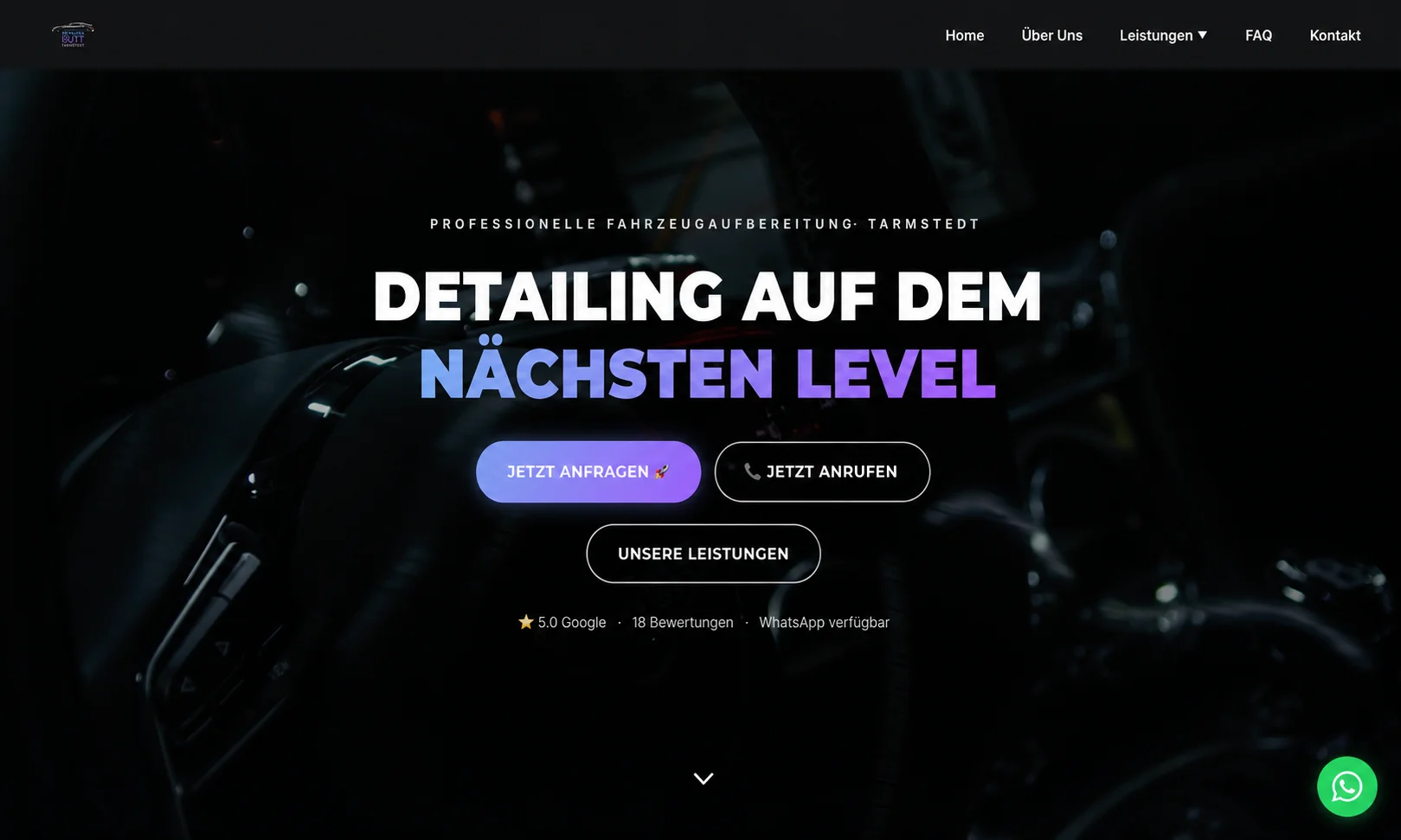 MaxedOut Detailing Website nach byjemayn Studio, dunkles Premium-Design, WhatsApp-Integration, Google-Bewertungen sichtbar, PageSpeed 95