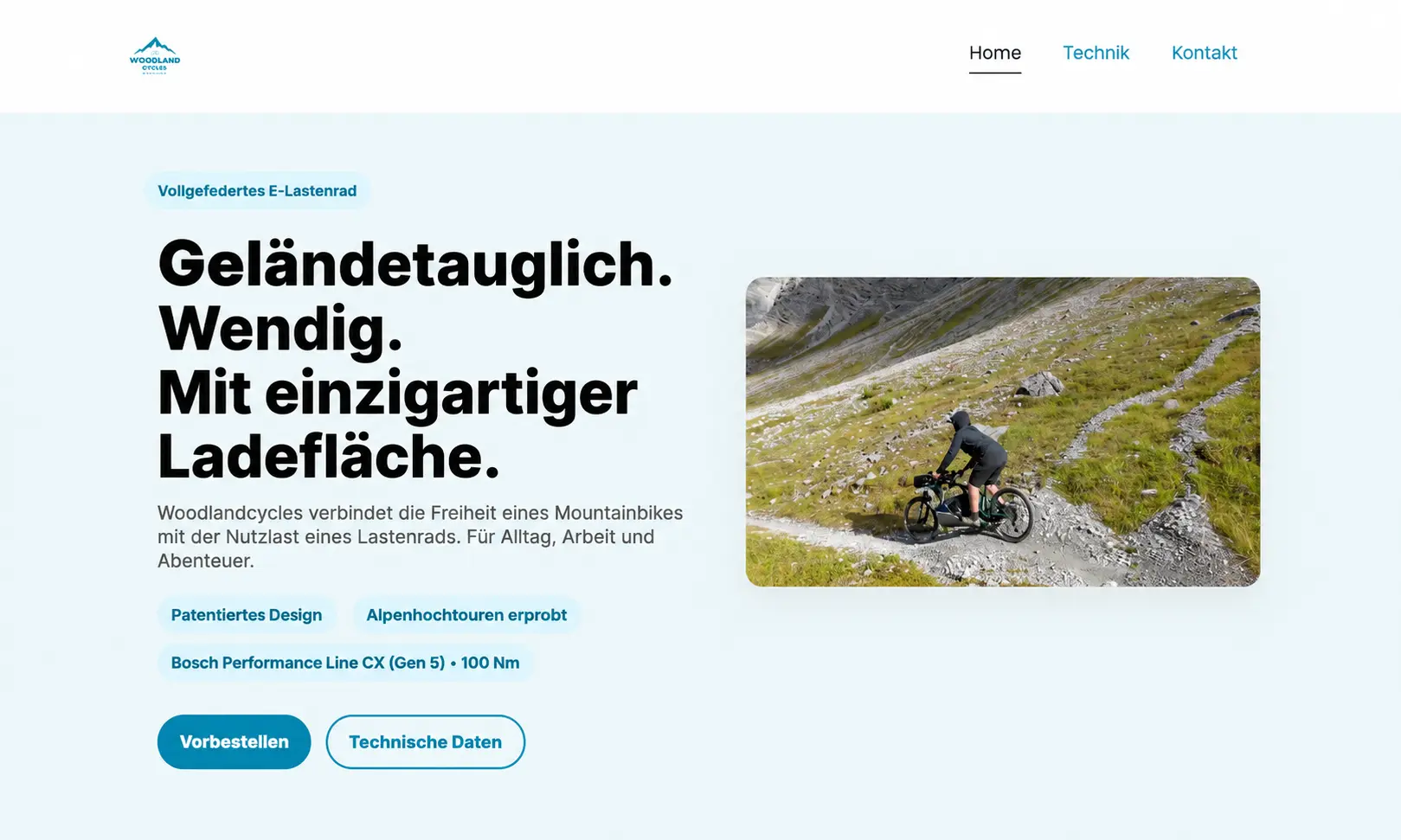 Woodland Cycles Website nach byjemayn Studio, Fullscreen-Hero, klare Produktdarstellung, PageSpeed 96